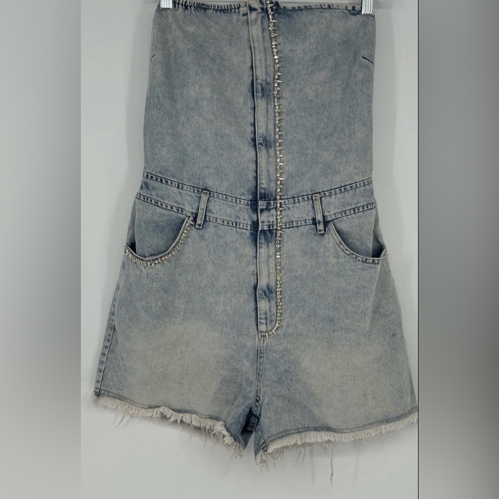 Fashion Nova Light Blue Denim Rhinestone-Trim romper - Picture 7 of 9